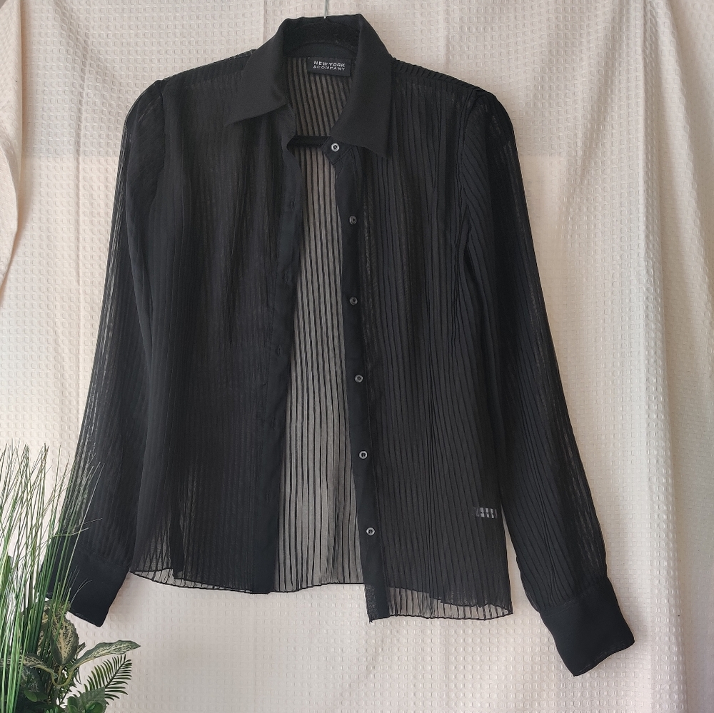 New York & Company Women's Black Semi Sheer Long Sleeve Pleated B…